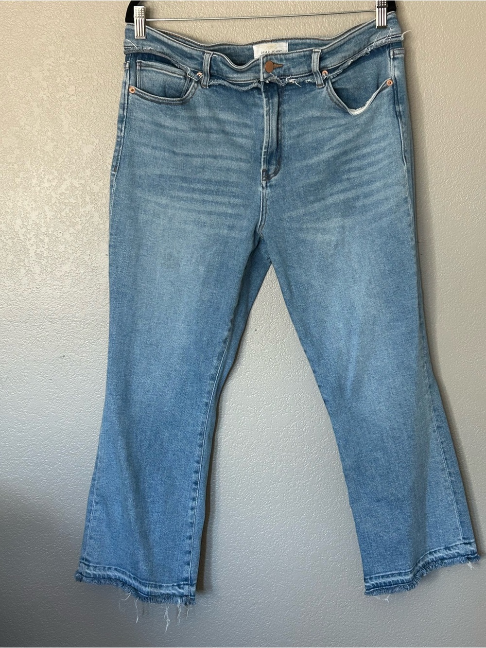 Dear John Jeanne Mid Rise Fray Cut Hem Cropped Flare Denim Jeans Sz 33